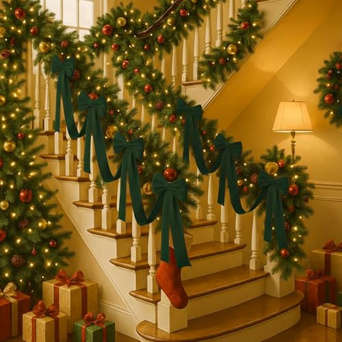 Civaner 16.4 ft Christmas Velvet Garland with 6 Large 27.5in Bows - Green