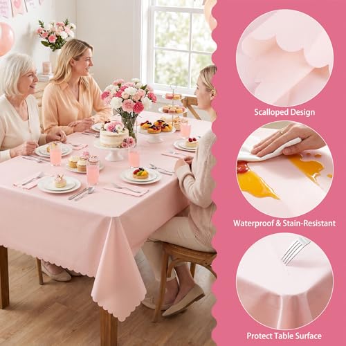 3 Pcs Light Pink Plastic Tablecloths, 54x108 Inch Scalloped Rectangle Covers