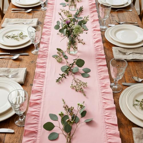 14 x 72 Pink Ruffled Table Runner – 100% Cotton, Scalloped Edge, Washable