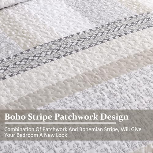 Beige Queen Quilt Set - Boho Striped Patchwork Bedspread (3-Piece)