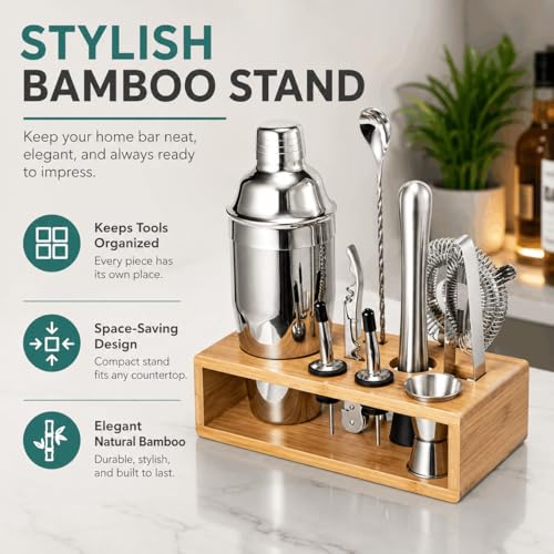 Semderm Silver Cobbler Cocktail Shaker Set - 18/8 Stainless Steel Bartender Kit with Stand