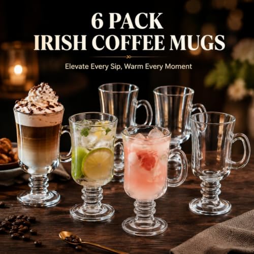 Dicunoy 6-Pack 8oz Clear Glass Irish Coffee Mugs with Handles - Stemmed Pedestal Cups for Cappuccino, Latte, Smoothies, Gift