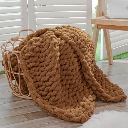 Bigacogo Caramel Chunky Knit Throw Blanket 40x60 Inches for Couch & Bed