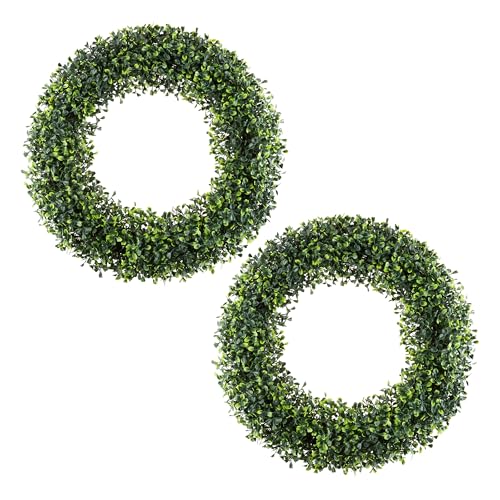 Pure Garden Set of 2 Wreaths - 19.5-Inch Round Artificial Boxwood Summer, Fall, Winter, or Spring Wreaths - Indoor/Outdoor Decoration for Front Door