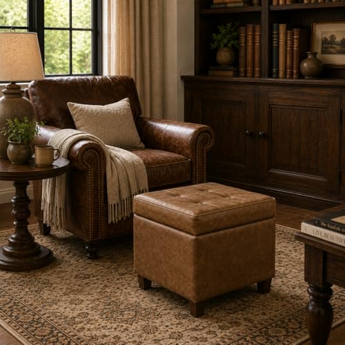 Square Tufted Storage Ottoman in Distressed Brown Faux Leather