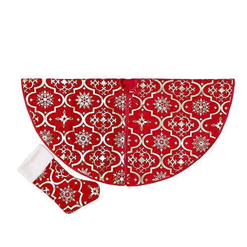 48-Inch Snowflake Christmas Tree Skirt - Soft Red Farmhouse Holiday Mat