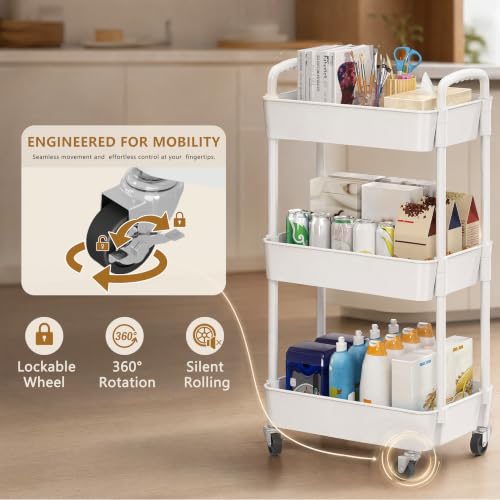3-Tier Rolling Utility Cart with Wheels - Mobile Storage Organizer, White