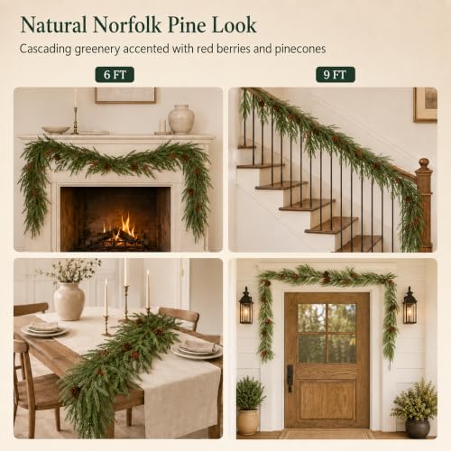 VellXelZor 9FT Artificial Christmas Garland Norfolk Pine with Berries and Pinecones