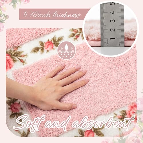 3-Piece Rose Flower Bathroom Rug Set, Non-Slip Absorbent Floral Bath Mats