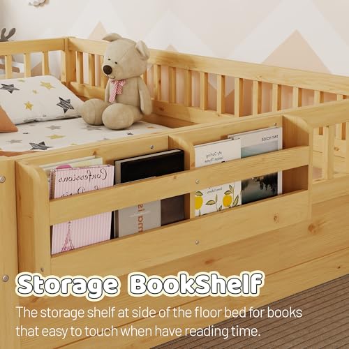 Full Size Montessori Floor Bed with Rails, LED Lights & Storage Shelf