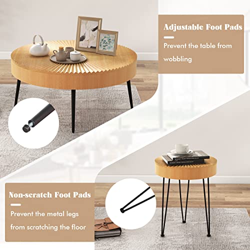 2-Piece Round Nesting Coffee Table Set with Solid Pine Wood Top