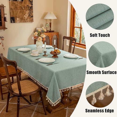 AmHoo Linen Blend Rectangle Tablecloth 55×102 Inch Teal, Durable 280 GSM with Tassels