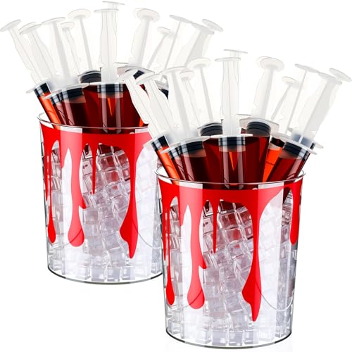 Halloween Shot Syringe Set with Bloody Buckets – 30 Plastic Drink Dispensers & Creepy Ice Buckets