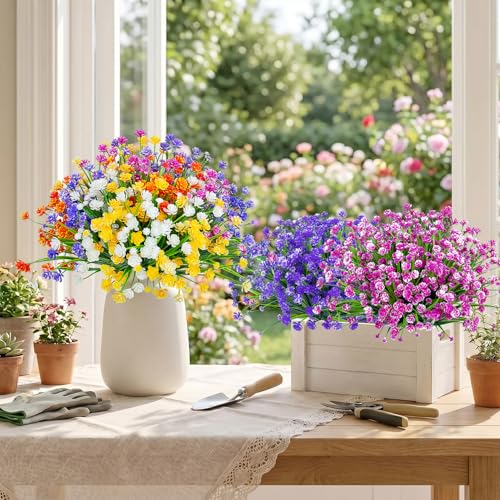 24 Bundles UV Resistant Artificial Outdoor Flowers & Faux Fern Plants