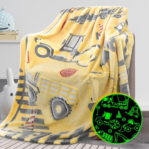 Glow in the Dark Tractor Blanket for Kids, 50" x 60" Construction Throw