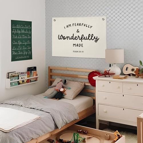 Fearfully and Wonderfully Made Linen Wall Banner for Nursery Decor