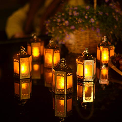 Mini Star Lantern with Flickering LED,Battery Included,Decorative Hanging Light,Christmas Decoration,Indoor Candle Lamp,Battery Lantern Indoor Use,Zkee(Set of 6 Copper Brushed)