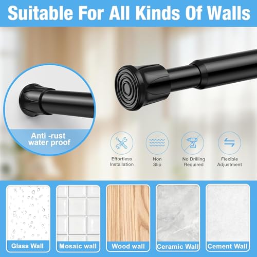 Black Spring Tension Curtain Rods 2-Pack, 28-48 Inch Adjustable No-Drill