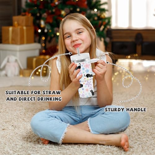 Hiboss Cat Tumbler with Handle & Straw 14oz Insulated Travel Cup for Kids & Girls - Cat Themed Gift