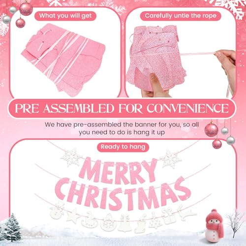 Pink Merry Christmas Banner Decorations Set - Indoor Holiday Wall Signs, Includes 3 Pre-Assembled Pink/Classic Variations