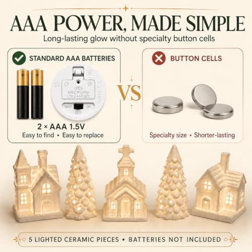 JesMolla 11-Piece White Ceramic Christmas Village Set with 6-Hour Timer, Battery-Operated Houses & Trees