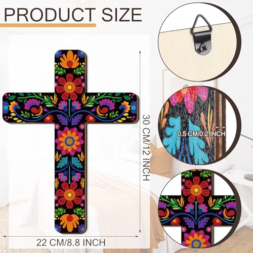 Floral Wooden Wall Cross, Hand Painted Mexican Style Decorative Crucifix