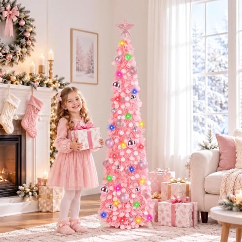 Pink 5ft Collapsible Christmas Tree with Lights, 30 Ornaments & Star Topper - Holiday Decor