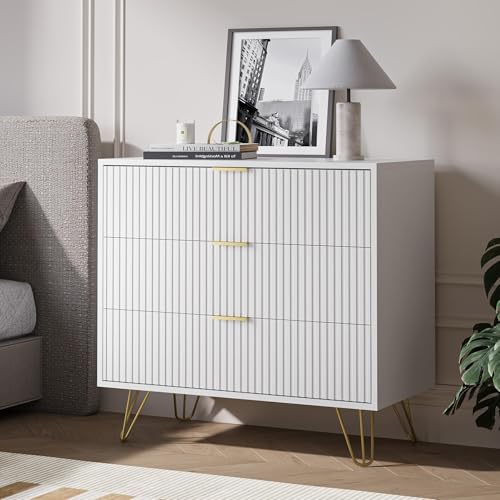 Modern 3-Drawer Fluted Dresser with Gold Handles, White Bedroom Storage Chest