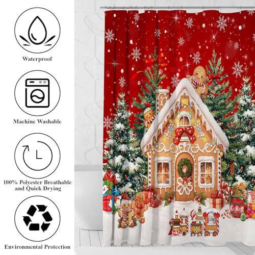 Christmas Gingerbread House Shower Curtain Set with Non-Slip Rugs - Bathroom Decor