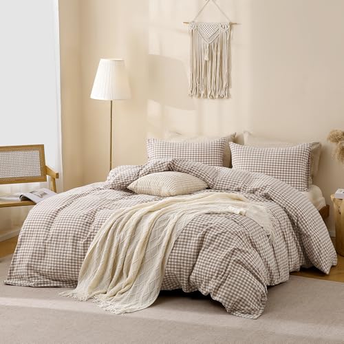 King Tan Gingham Duvet Cover Set - 100% Washed Cotton Linen-Look Bedding