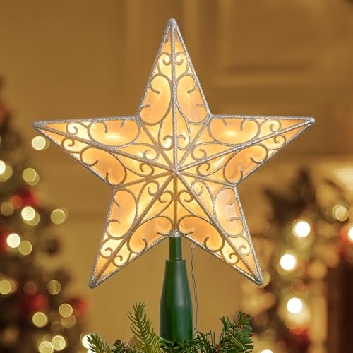 Joiedomi Silver 9 Inch Christmas Tree Topper with Warm White Lights - Holiday Decor