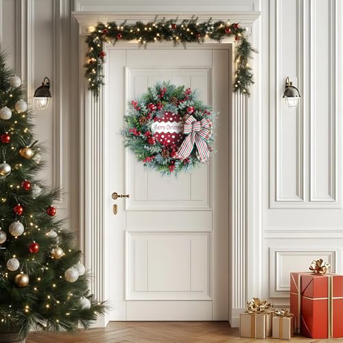 TEMPUS 22-inch Frosted Pine Wreath with Red Berries, Cones & Ribbon Bow