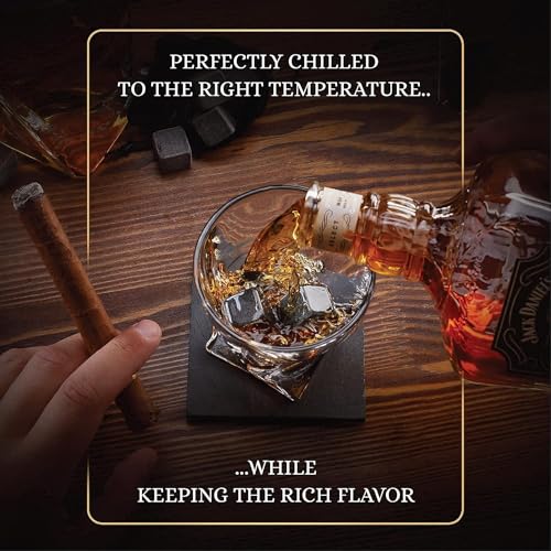 Royal Reserve Whiskey Stones Gift Set with Brown Wooden Tray – 8 Granite Chilling Rocks for Spirits
