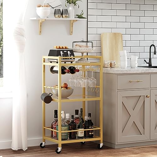 3-Tier Gold Bar Cart with Mirrored Shelves, Wine Rack, and Glass Holder