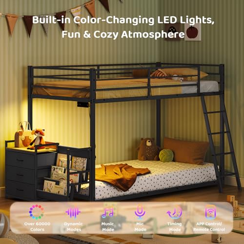 Twin Over Twin Metal Bunk Bed with Storage, LED Lights & Charging Station