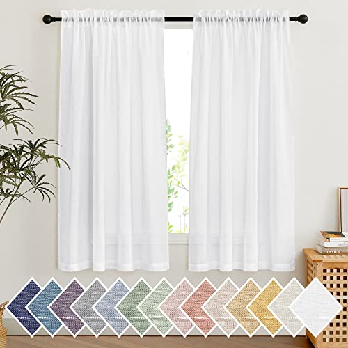 NICETOWN White Linen Sheer Curtains 63 inch Length 2 Panels, Light Filtering Curtain Drapes for Living Room, 52" W x 63" L, 2 Panels