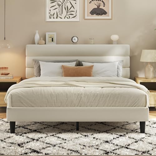 Queen Upholstered Platform Bed Frame with Velvet Headboard, Beige