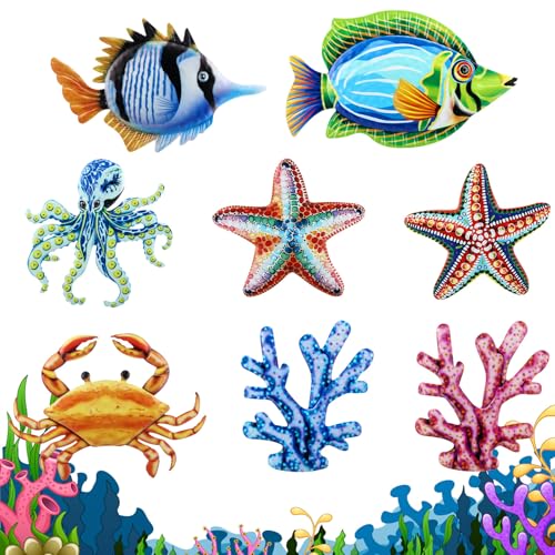8-Piece Metal Coastal Wall Art Set, Colorful Tropical Sea Life Sculptures