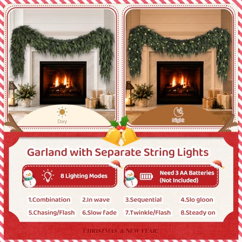 9FT Real Touch Cedar Christmas Garland with Seperate String Lights - Green Moon