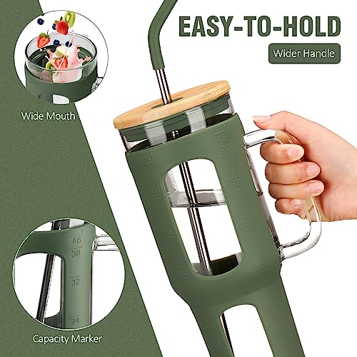 46 oz Glass Tumbler with Handle, Bamboo Lid and Straw for Iced Coffee