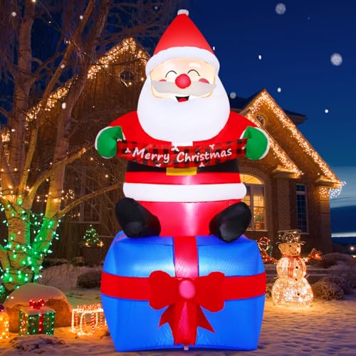 GOOSH 6 ft Christmas Santa Inflatable with LED Lights – Seated Santa on Gift Box with Banner