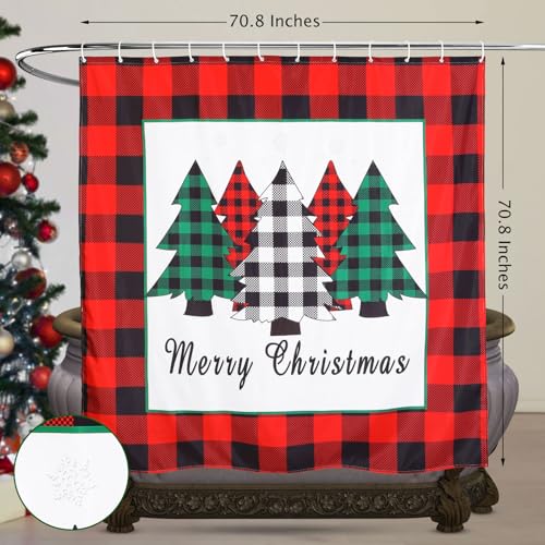 Irenare 5-Piece Red Buffalo Plaid Christmas Shower Curtain Set with Rugs