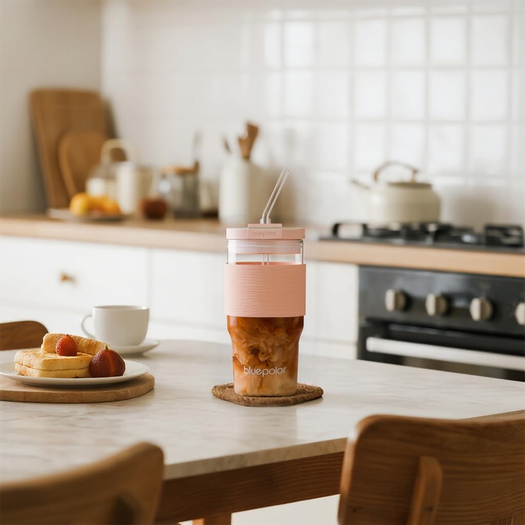 23oz/680ml Glass Tumbler with Straw and Lid - Matcha Leak-Proof Portable Travel Water Glass Cup for Smoothies, Iced Coffee,Matcha and Cold Beverages - Durable and Eco-Friendly (Pink with Sleeve)