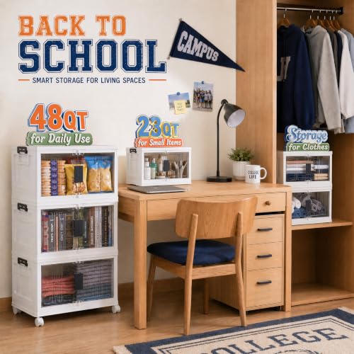 Collapsible Storage Bins with Lids and Doors 3-Pack Stackable Plastic Organizers