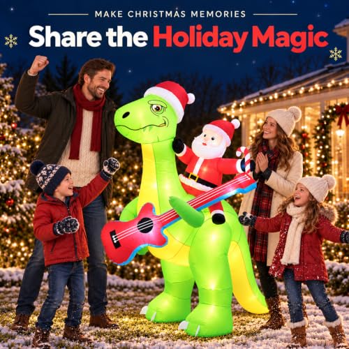 Moerge 5.7ft Santa Riding Dinosaur Inflatable with 8 LED Lights - Outdoor Christmas Decor