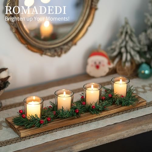 Rustic Christmas Candle Holder Centerpiece - 4 Tealight Holders on Wooden Tray