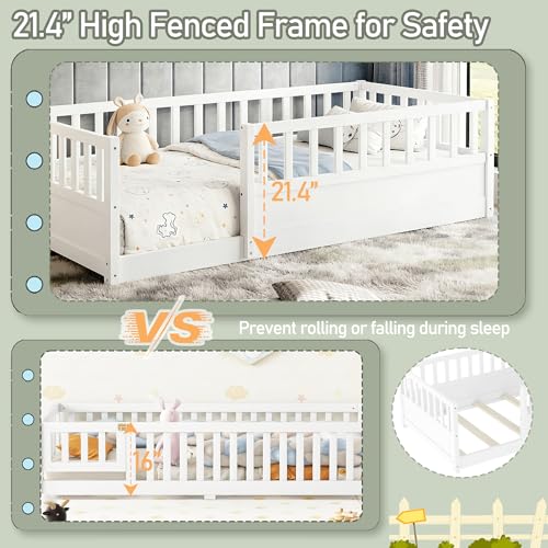 Queen Montessori Floor Bed Frame with Safety Fence, Solid Pine Wood