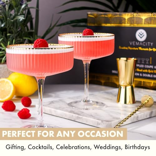 VEMACITY Set of 4 10oz Ribbed Espresso Martini Glasses with Gold Rims | Vintage Cocktail Coupe Glassware for Margaritas & More