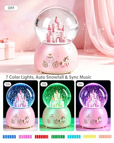 Musical Castle Snow Globe with Automatic Snowfall and LED Lights (Pink)