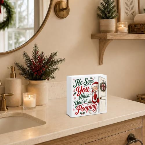 SOFEGY Funny Christmas Bathroom Decorations—He Sees You When You're Pooping Sign (Bathroom Variation)